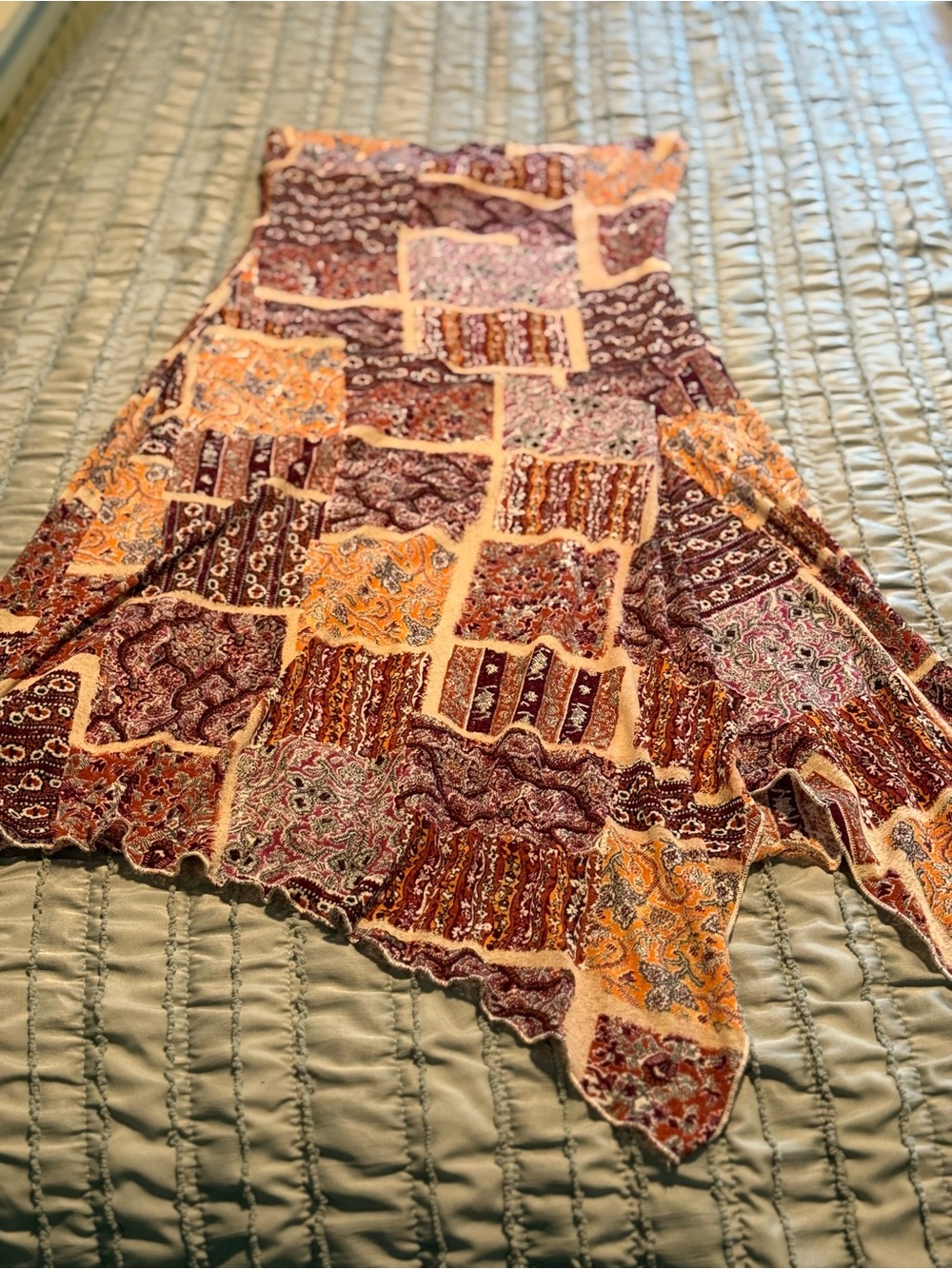 Boho Patchwork Midi dress in Burgundy & Orange